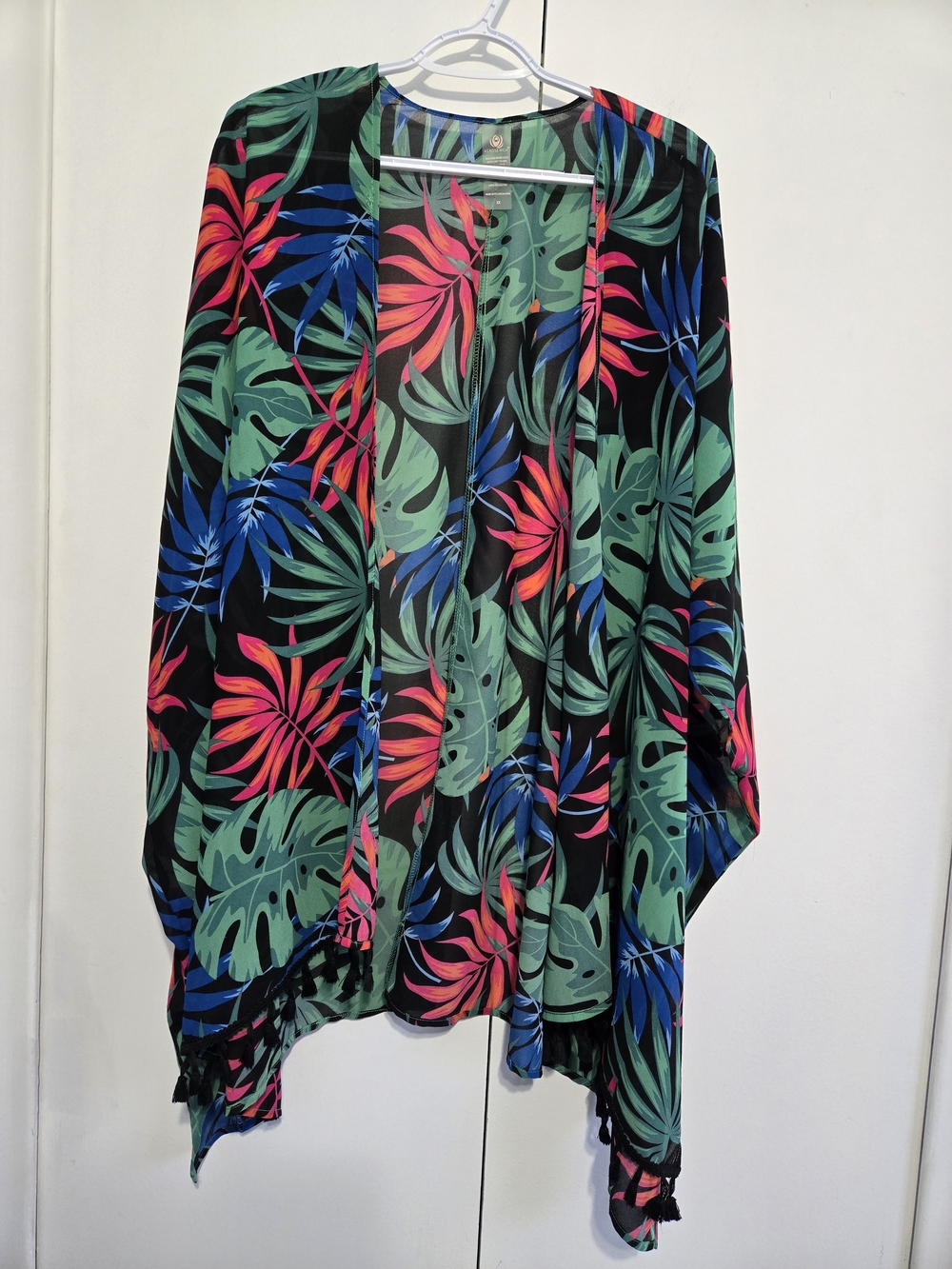 AsRoseRich 1X Tropical‎ Kimono Cover Up Floral Leaves Tassel Boho Beach Plus